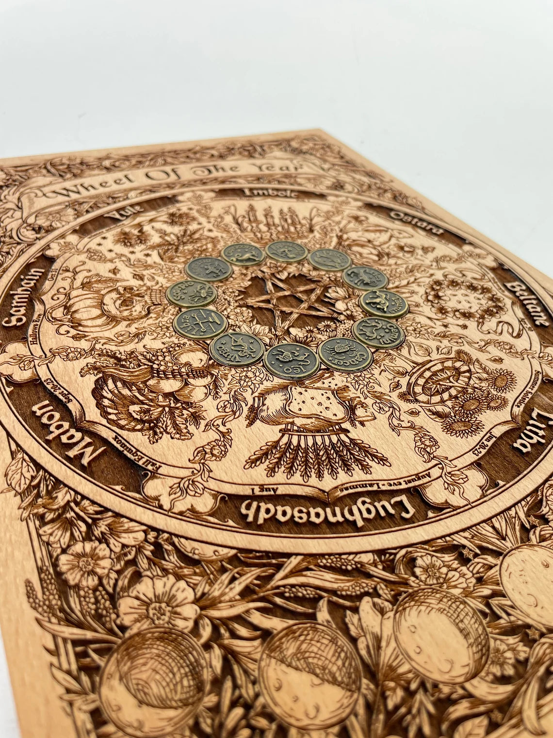 Wheel of the Year Wiccan wall decor engraved on solid wood with moon phases and zodiac coins handmade Netherlands ships to USA
