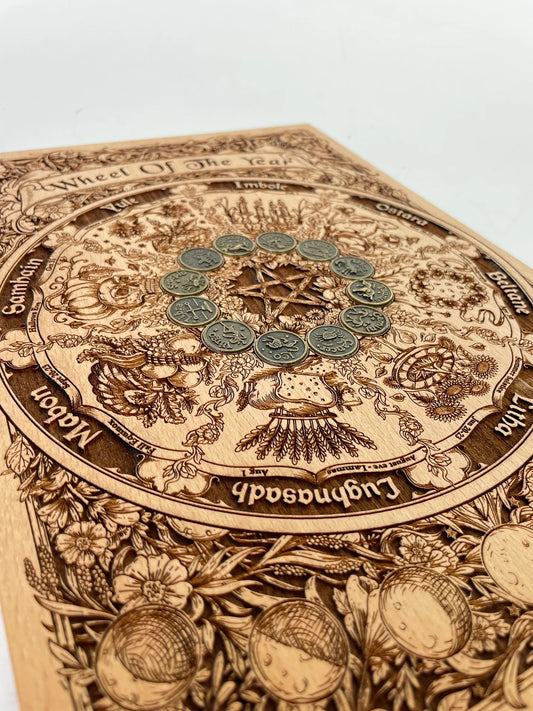 Wheel of the Year Wiccan wall decor engraved on solid wood with moon phases and zodiac coins handmade Netherlands ships to USA
