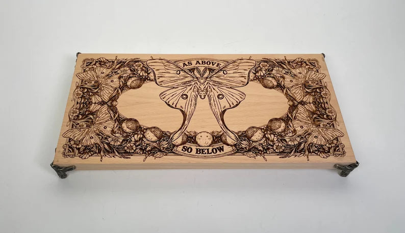 Wiccan altar table with crystals candles and tarot in sacred ritual space
