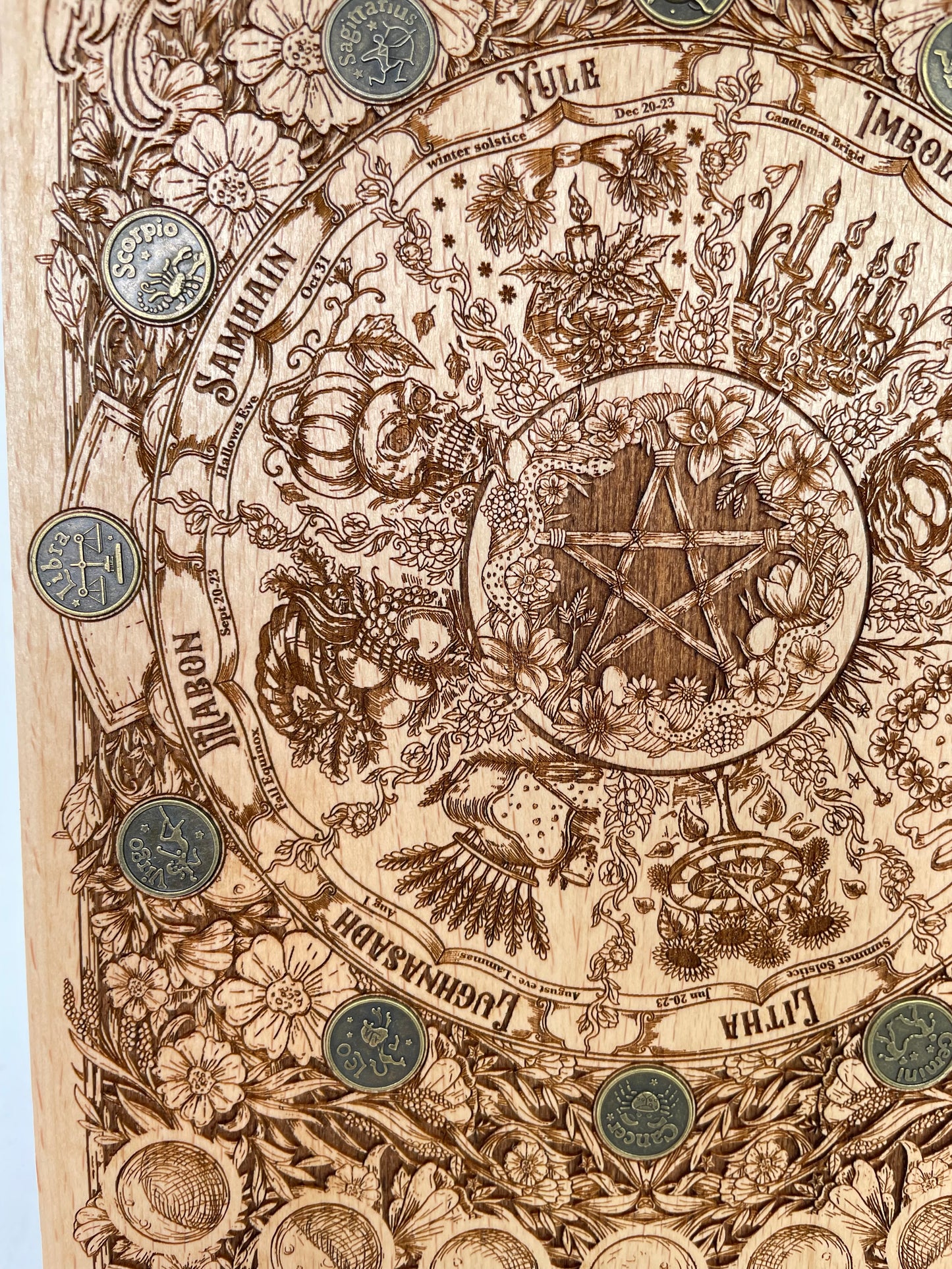 Close up of Wiccan Wheel of the Year symbols on wall decor
