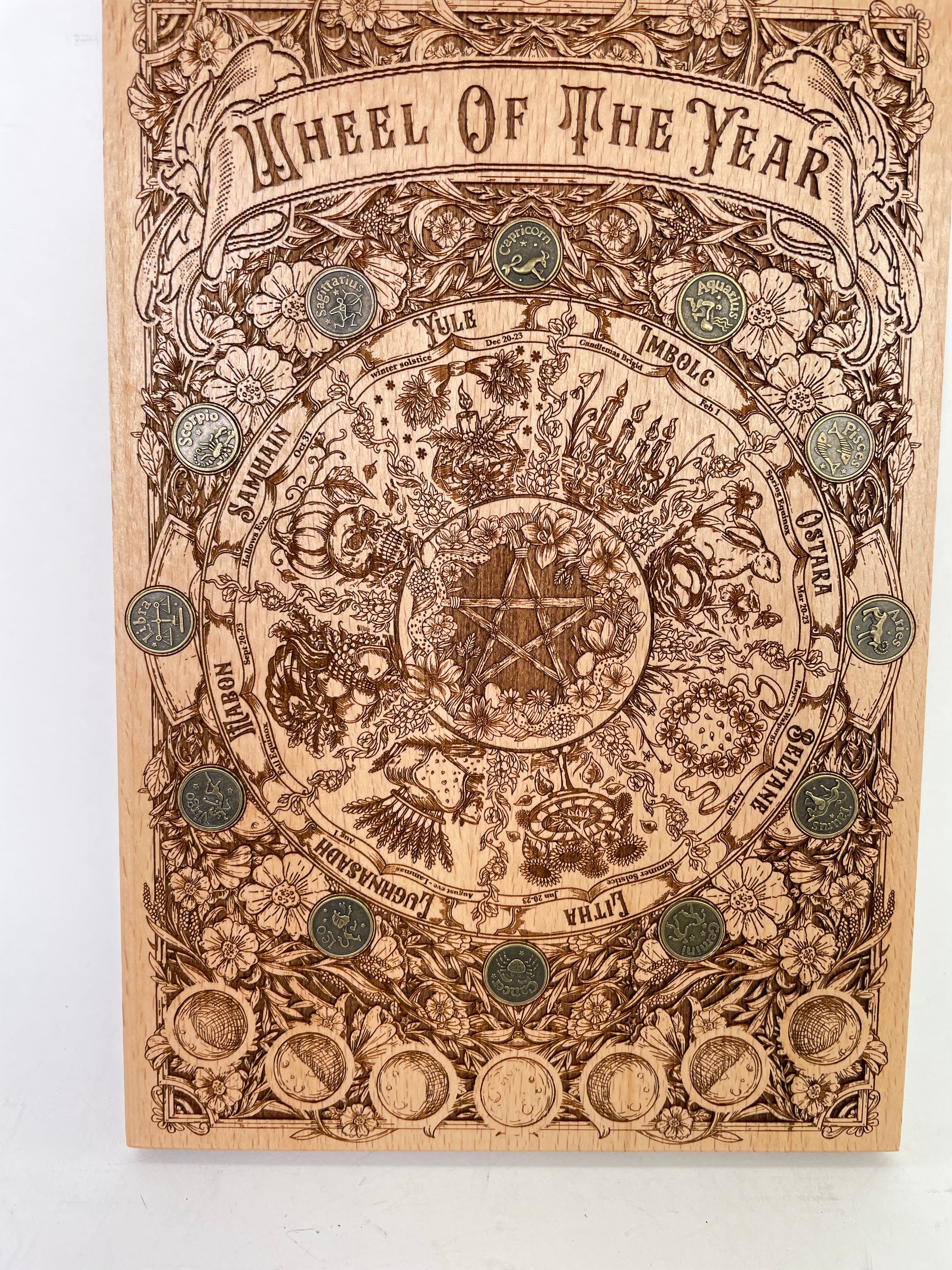 Close up of Wiccan Wheel of the Year symbols on wall art
