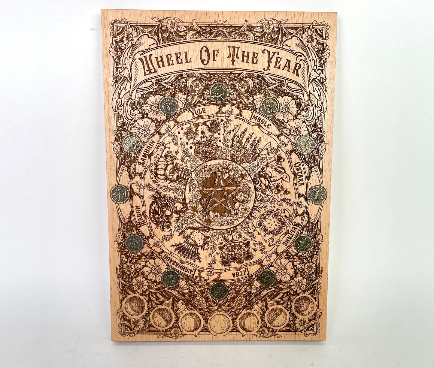 Wiccan Wheel of the Year wall art with seasonal pagan symbols
