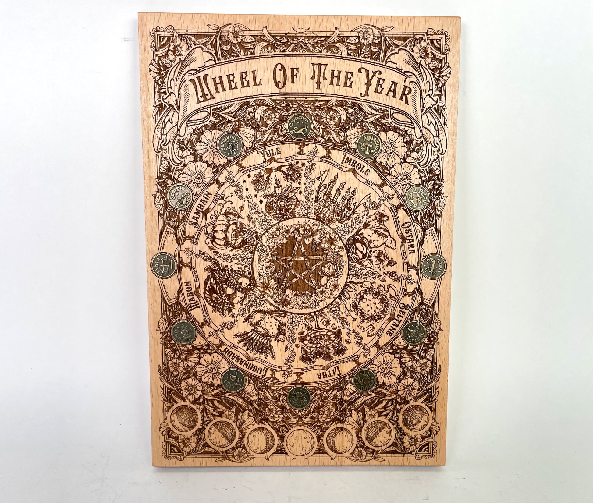 Wiccan Wheel of the Year wall art with seasonal pagan symbols
