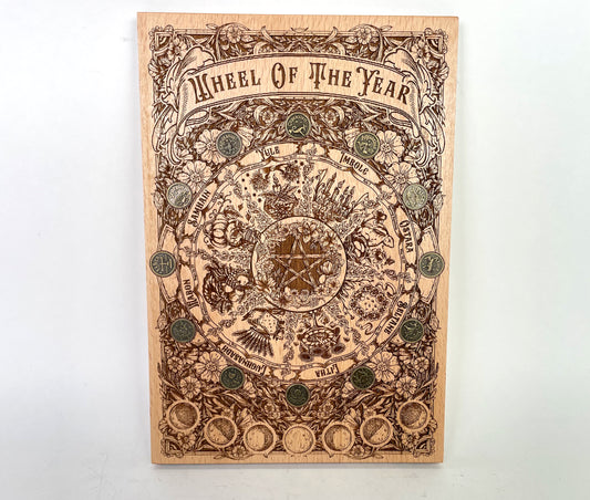 Wiccan Wheel of the Year wall art with seasonal pagan symbols
