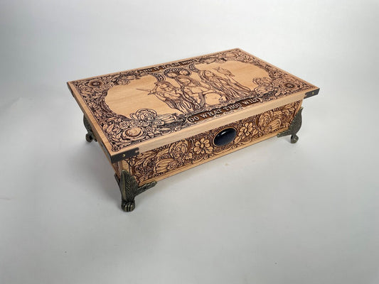 Luxury Wiccan altar board and tarot box engraved with Triple Moon Goddess handmade in Netherlands ships to USA
