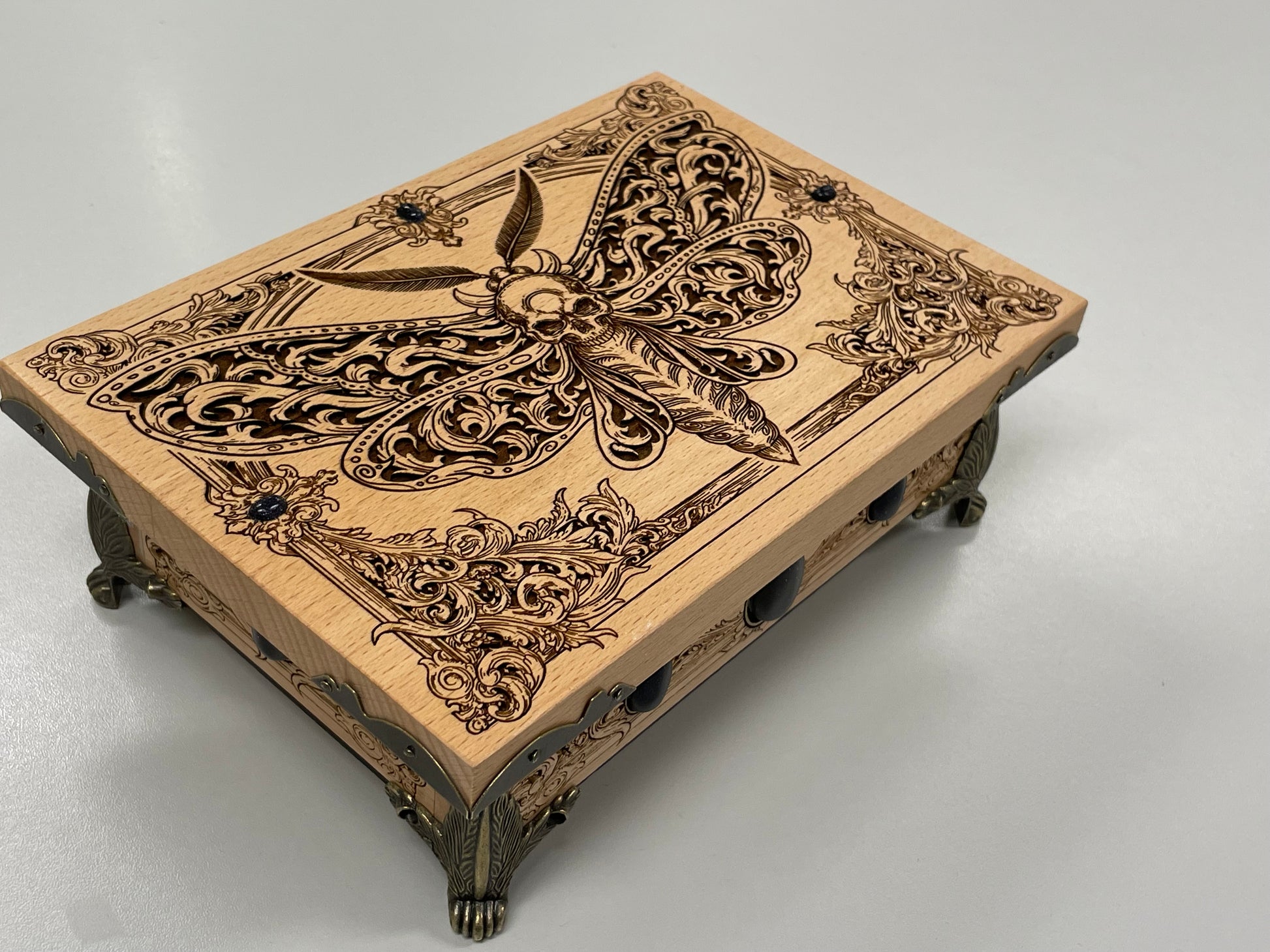 Tarot deck organizer engraved with Death’s-Head Hawk Moth and As Above So Below on solid wood