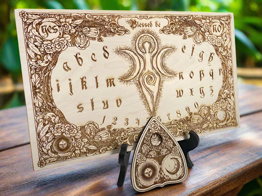 Wiccan floral Triple Moon Ouija board engraved on wood with wooden planchette handmade Netherlands ships to USA
