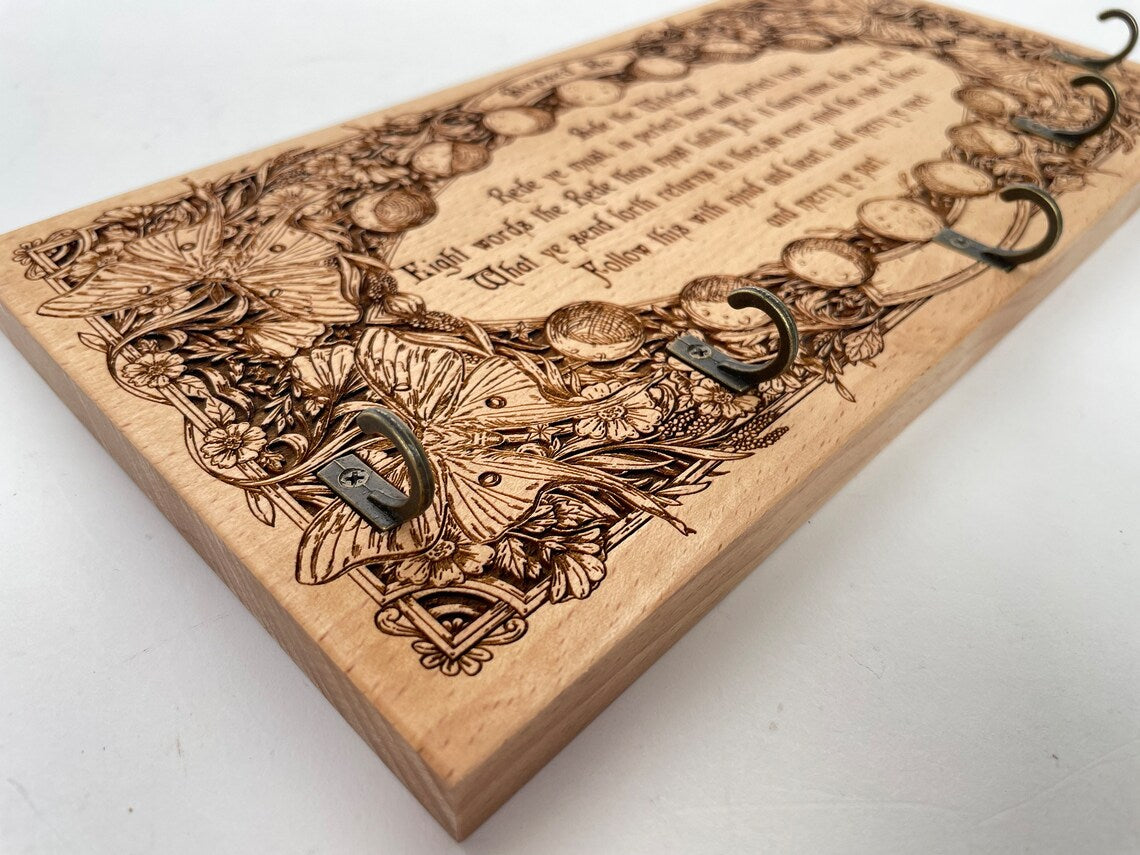 Moon phases Wiccan pendulum holder engraved in solid wood with Wiccan Rede altar decor
