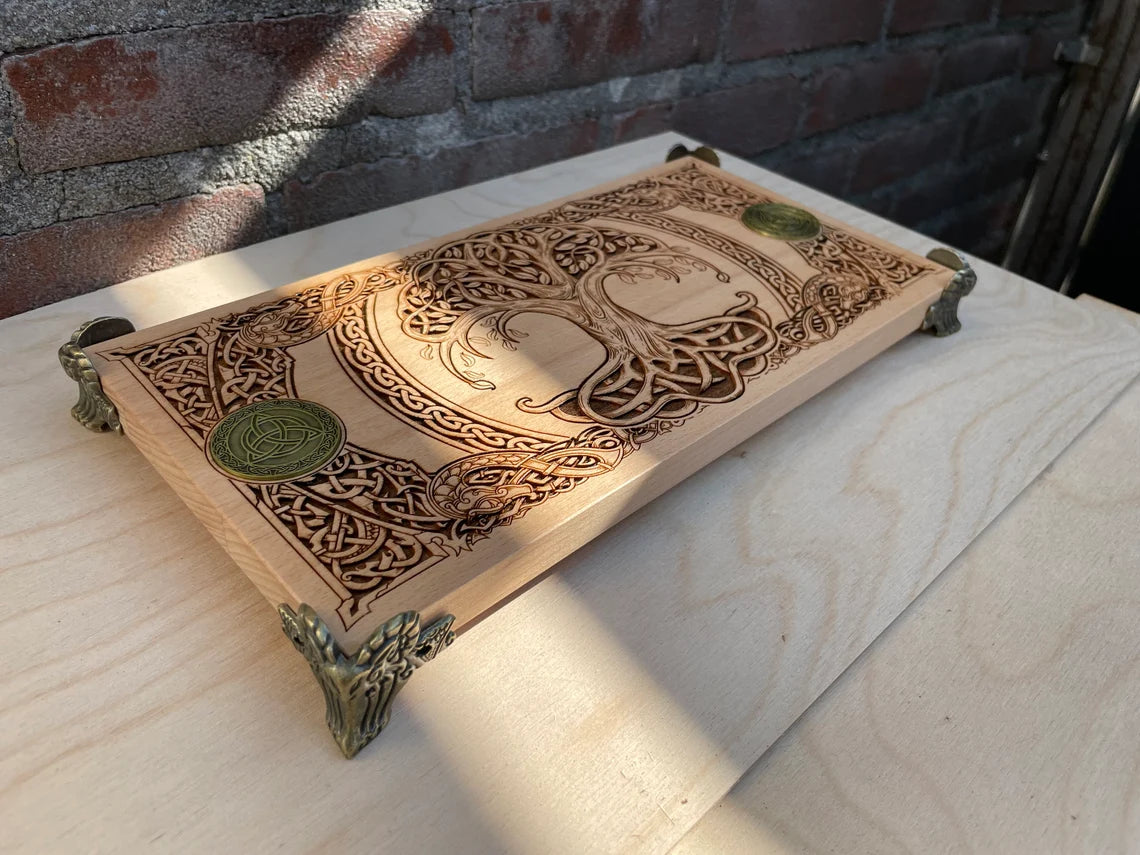 wood yggdrasil altar table engraved 