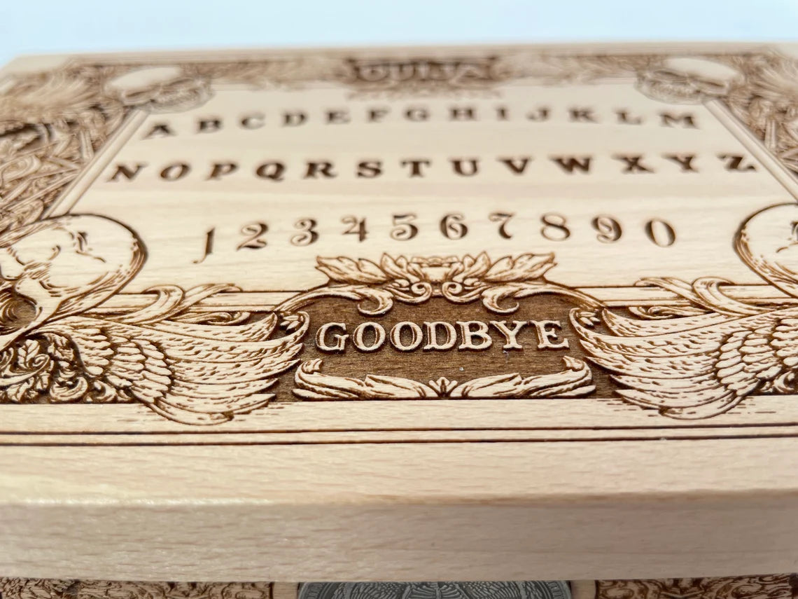 TAROT BOX with Ouija board cover engraved with demons and skulls in solid wood, wooden gothic Ouija board tarot box. - Forgotten Engravings tarot-box-with-ouija-board-cover-engraved-with-demo