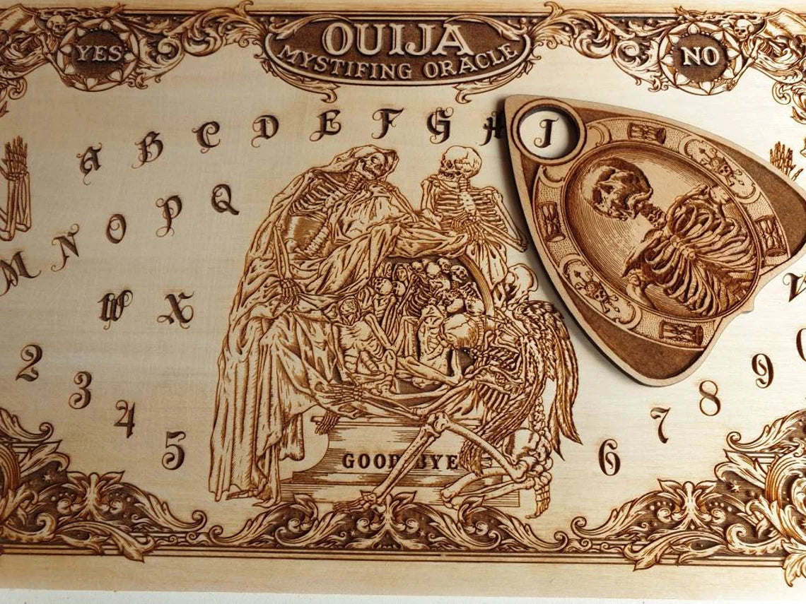 Gothic Ouija board with skulls wooden engraving, vintage Ouija design, love beyond death spirit board with memento mori planchette. - Forgotten Engravings gothic-ouija-board-with-skulls-woode