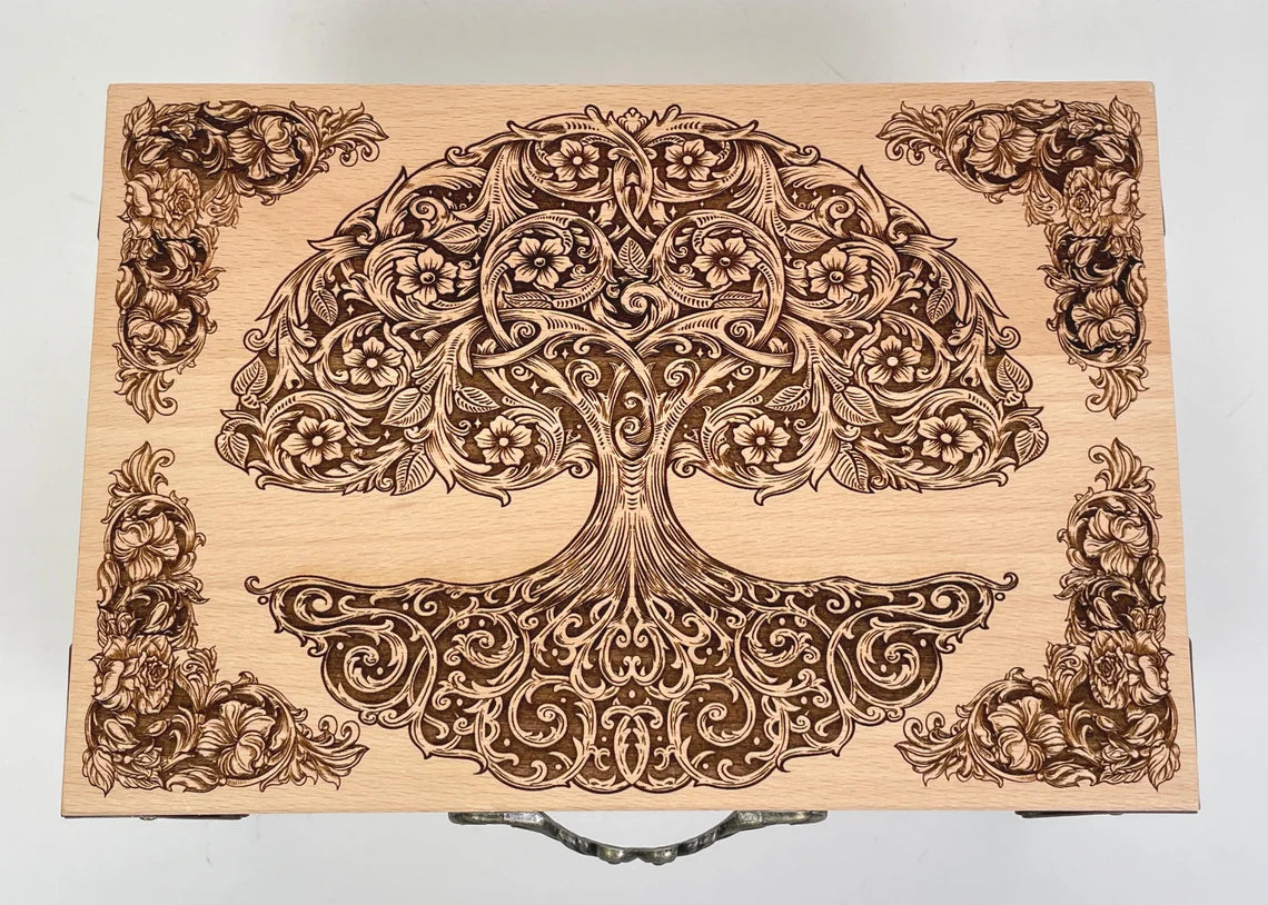 Tree of life floral tarot keepsake box, jewelry box tree of life made of solid wood, floral alchemy crystal tarot wooden keepsake box. - Forgotten Engravings tree-of-life-floral-tarot-box-jew