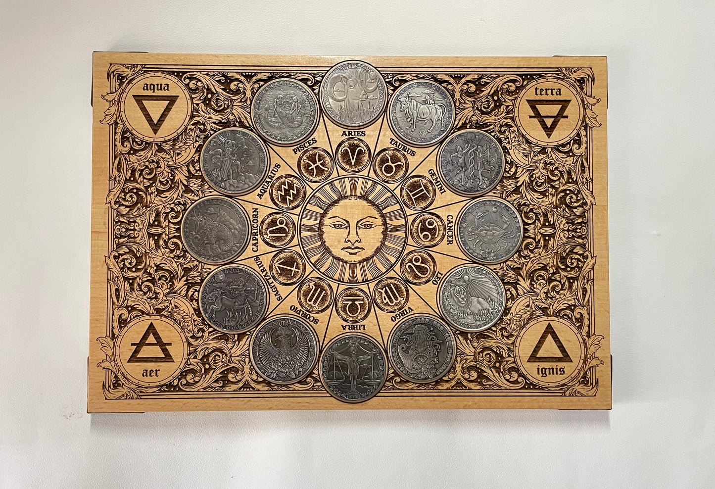 Alchemy symbols board laser engraved on wood, occult sign, Gothic alchemical symbols with zodiac coins, four elements.  Forgotten Engravings zodiac-wall-art, alchemical, alchemical  decor, a