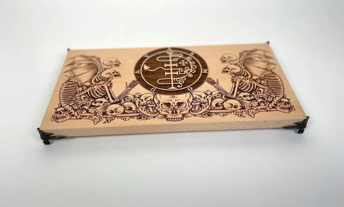 King Asmodeus sigil altar board engraved on solid wood with Ars Goetia occult symbolism for ritual and sacred space

