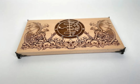 King Asmodeus sigil altar board engraved on solid wood with Ars Goetia occult symbolism for ritual and sacred space
