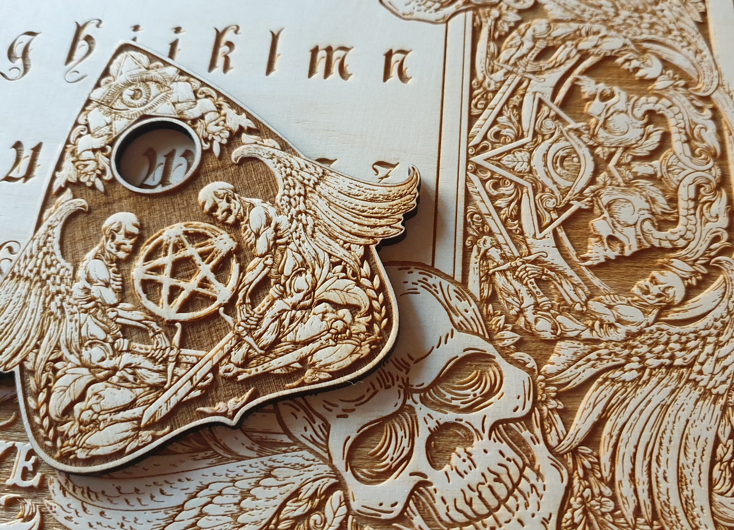 Ouija board with demons and skulls wooden engraving, wood gothic skull spirit board. - Forgotten Engravings