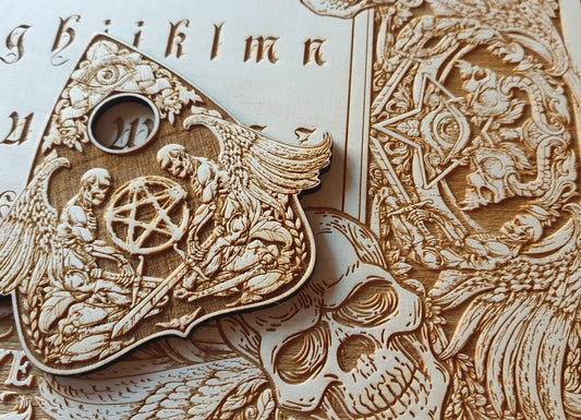 Ouija board with demons and skulls wooden engraving, wood gothic skull spirit board. - Forgotten Engravings