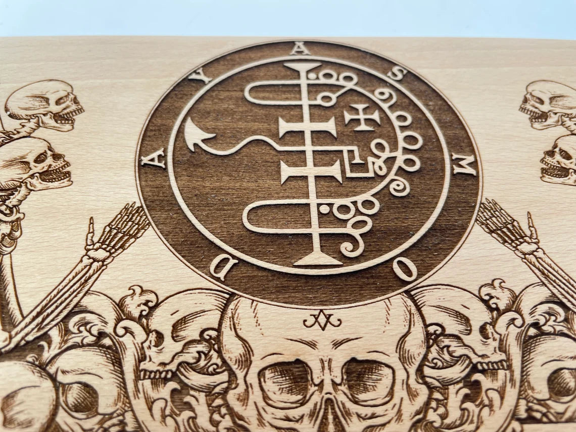 Asmodeus sigil. Sigil of Asmoday Altar Board engraved, wooden Ritual Table