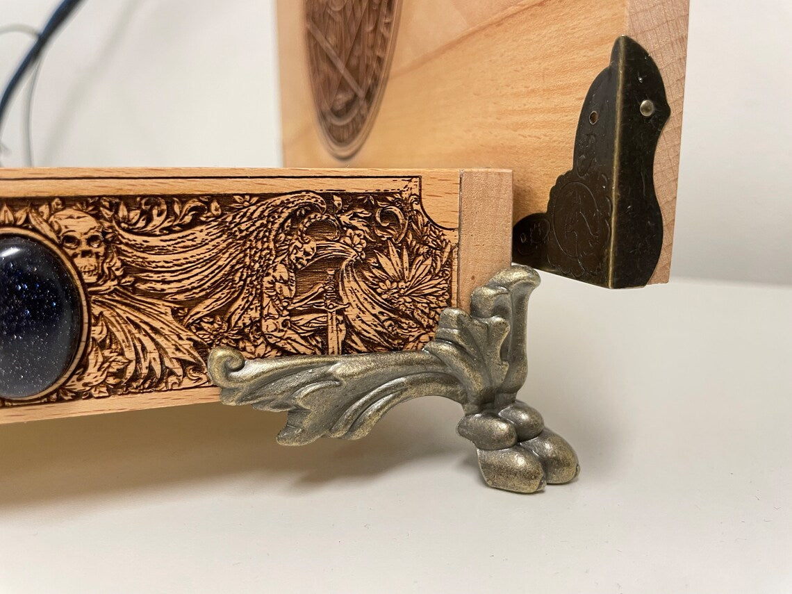 Luxury Ouija board with demons and skulls wooden engraving, wood gothic skull spirit board two in one box, tarot box with Ouija board. - Forgotten Engravings