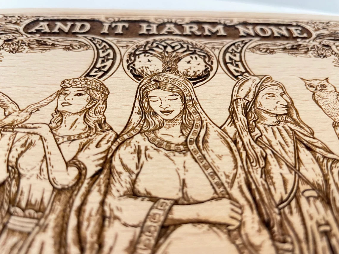 Altar table Triple Moon Goddess, Altar Board engraved, wooden Ritual Table, Altar Offering Table, Crystal Holder. - Forgotten Engravings altar-table-triple-moon-goddess-altar-board-engraved-w