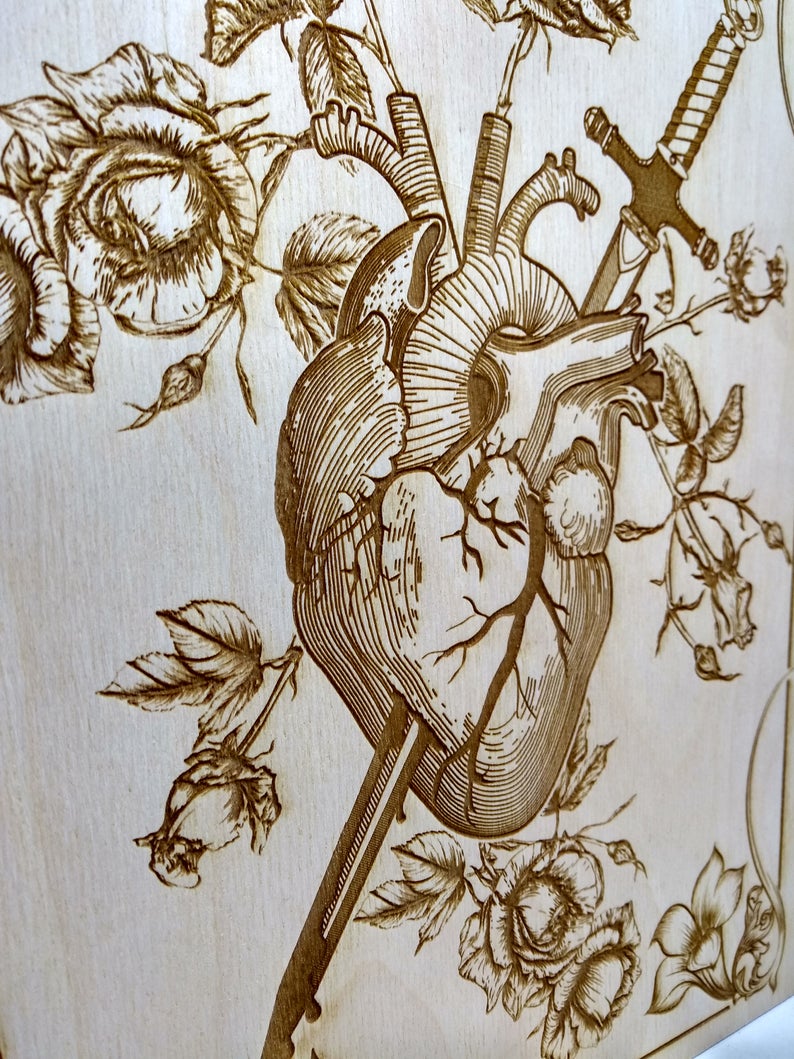 Gothic Home Decor Bleeding Heart Anatomical Heart Engraved On Wood Gothic Gift Tattoo Decor Dark Art Macabre Art Laser Engraving. - Forgotten Engravings gothic-home-decor-bleeding-heart-anato