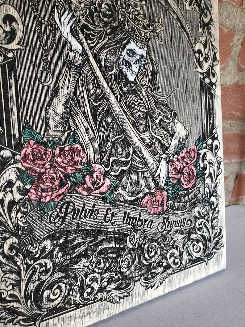 Grim reaper gothic home decor, Memento mori, skeleton art Pulvis et umbra sumus. - Forgotten Engravings woman-grim-reaper-gothic-home-decor-pulvis-et-umbra-sumus, engrave sign, gift, Home & L