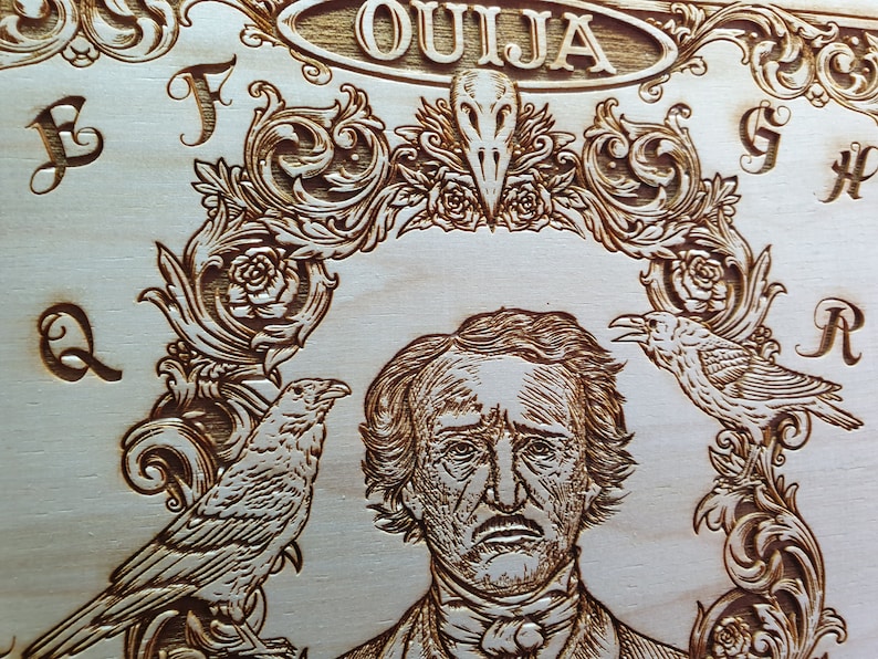 Ouija board with Edgar Allan Poe portrait wooden engraving, wood gothic skull spirit board with nevermore raven planchette. - Forgotten Engravings ouija-board-with-edgar-allan-poe-portrait-wo