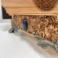 close up of Personalized Ouija board box set handmade in the Netherlands, engraved wooden spirit board with planchette and gothic occult design